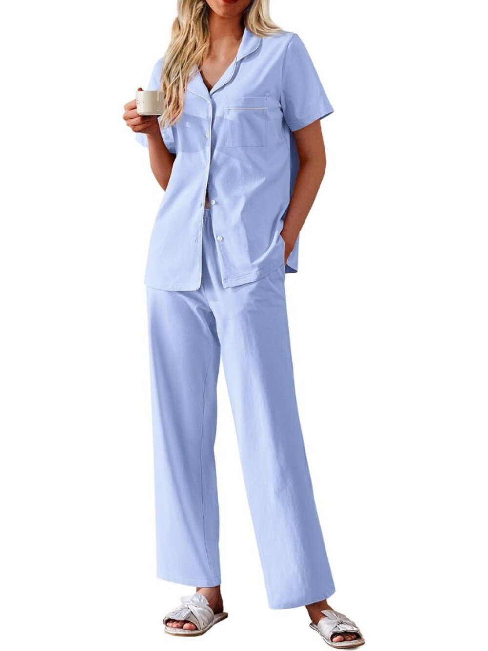 Women's Cotton Pajamas Set Short Sleeve Button Down Pjs with Pants